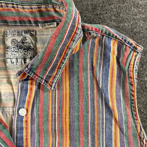 Retro Vintage Striped Denim Western Sleeveless Button up Shirt Cowgirl Tank M - Picture 2 of 4